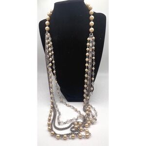 Vintage Style 5 Strand Pearl Statement Necklace 31" Layered Silver Tone